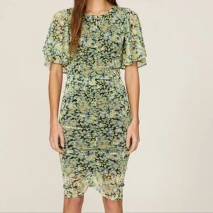 Saunders Ruched Floral Mesh Midi Dress